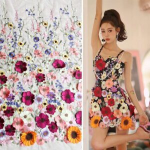 Three - dimensional sunflower floating soft mesh embroidery lace dress fabric