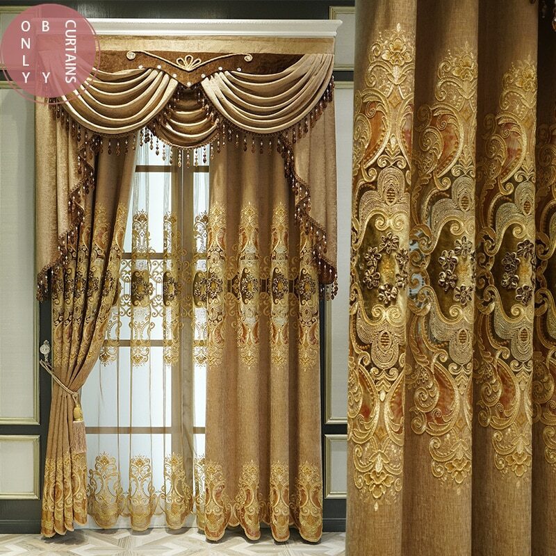 Luxury Brown Gold Embroidered Thickened Chenille Blackout Curtains for ...