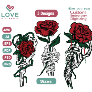 Skeleton Hand Red Rose Flower T-Shirt.AI,SVG,EPS,Pdf Can be used for t-shirt print,pillows, fashion design.T-shirt design Instant Download