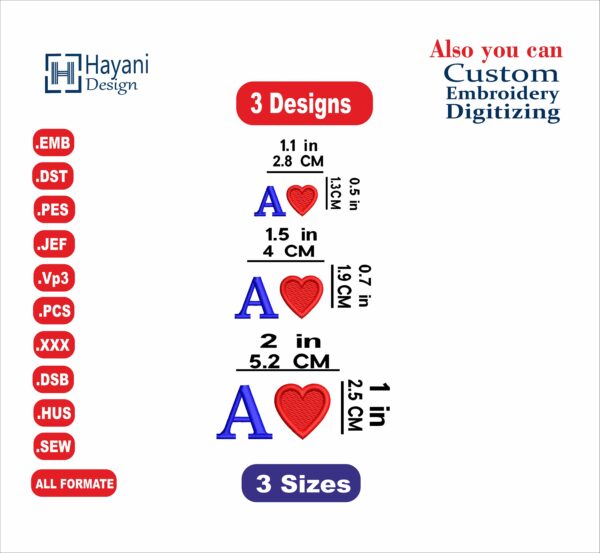 Alphabet And Heart /Letters Heart /A to Z Embroidery Designs/3 Sizes-1.3 , 1.9 And 2.5 CM/Letters And Heart Designs/Instant Download