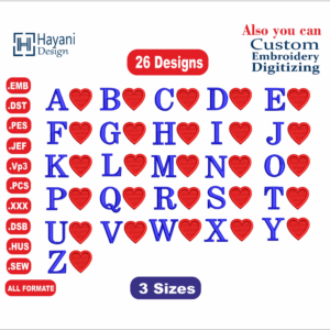 Alphabet And Heart /Letters Heart /A to Z Embroidery Designs/3 Sizes-1.3 , 1.9 And 2.5 CM/Letters And Heart Designs/Instant Download