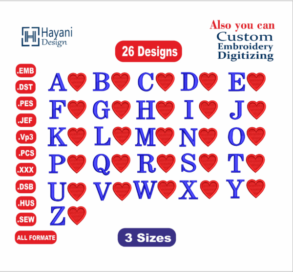 Alphabet And Heart /Letters Heart /A to Z Embroidery Designs