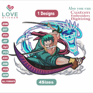 Anime ZORO Embroidery Designs/1 Designs & 4 Size/ZORO Anime Machine Embroidery Designs/ Files Instant Download