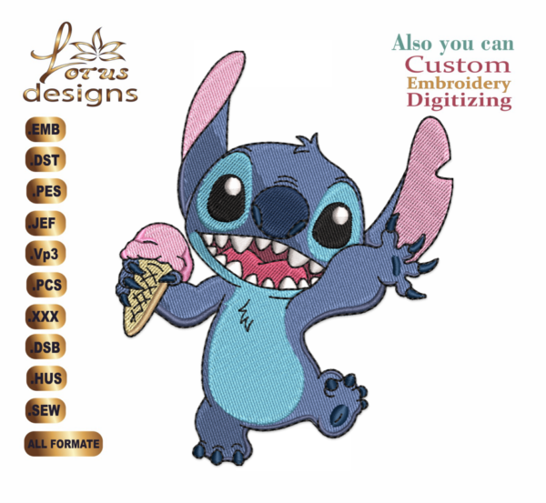 Stitch With ice cream Embroidery Designs/1 Designs & 3 Size/ Machine Embroidery Designs/ Files Instant Download