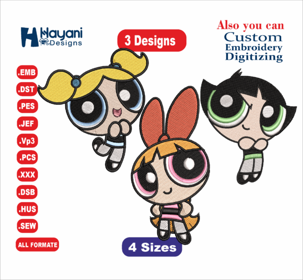Powerpuff Girls Embroidery Files, Anime Character Embroidery, Blossom, Bubbles, and Buttercup Embroidery Design