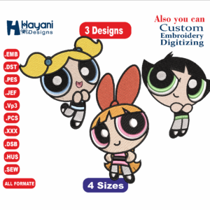 Powerpuff Girls Embroidery Files, Anime Character Embroidery, Blossom, Bubbles, and Buttercup Embroidery Design