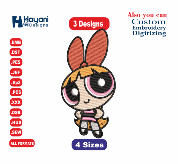 Powerpuff Girls Embroidery Files, Anime Character Embroidery, Blossom, Bubbles, and Buttercup Embroidery Design