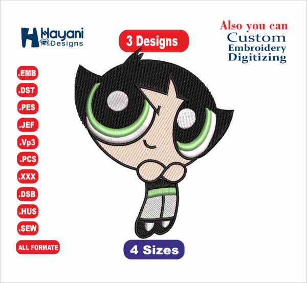 Powerpuff Girls Embroidery Files, Anime Character Embroidery, Blossom, Bubbles, and Buttercup Embroidery Design