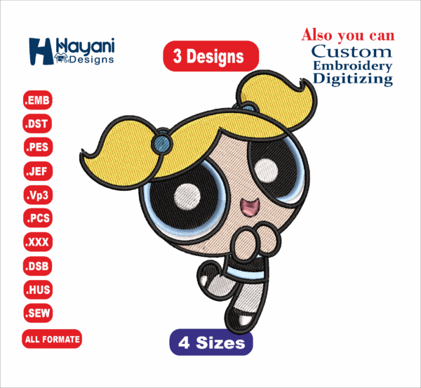 Powerpuff Girls Embroidery Files, Anime Character Embroidery, Blossom, Bubbles, and Buttercup Embroidery Design