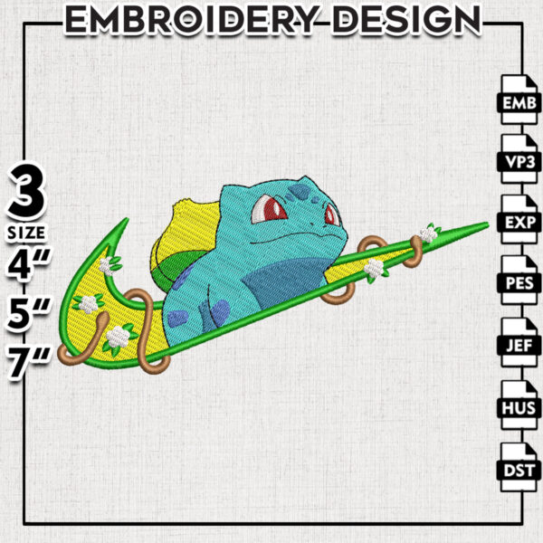Bulbasaur Nike Embroidery Designs, Bulbasaur Anime Embroidery Files, Pokemon Character Machine Embroidery Pattern, Digital Download
