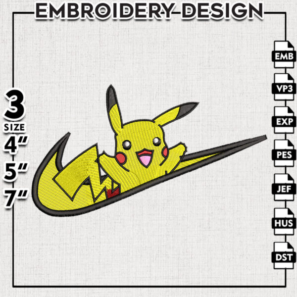 Nike Pikachu Embroidery Design, Pokemon Embroidery File, Anime Design, Digital Download