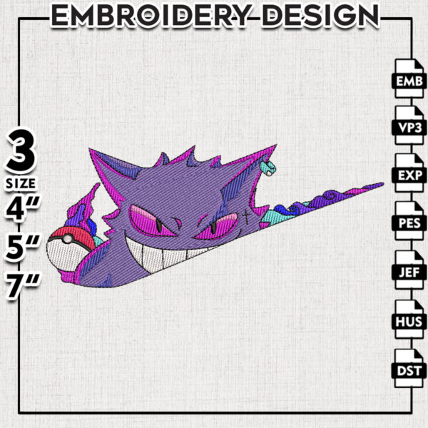 Gengar Nike Embroidery Design, Pokemon Embroidery Files, Anime Character Machine Embroidery Digital Download