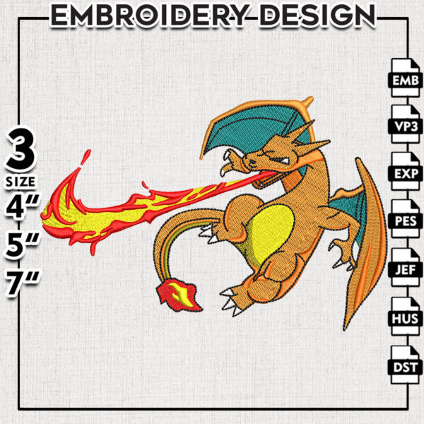 Nike Charizard Pokemon Embroidery, Charizard Swoosh Anime Embroidery, Embroidery Design File, Digital Download