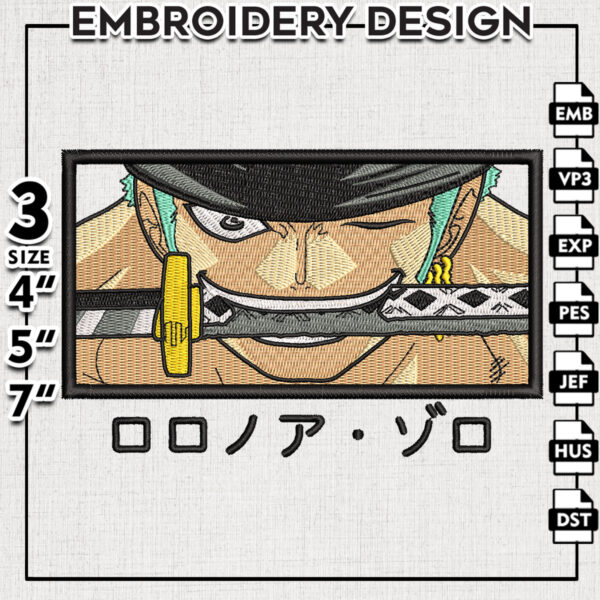 Zoro Embroidery Designs, One Piece Anime Embroidery Files, Machine Design Pes Swoosh Roronoa Zoro Embroidery