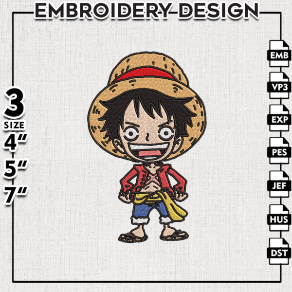 Chibi Luffy Anime Character Embroidery Files, One Piiece Embroidery Designs, Machine Embroidery Digital Download
