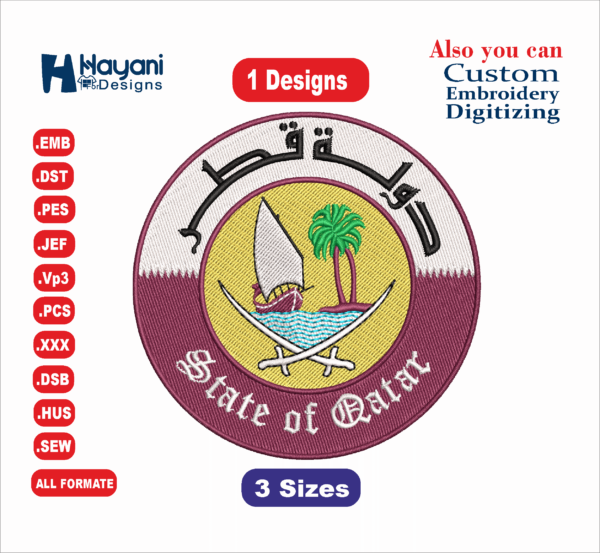 state of Qatar Embroidery Designs, 3 size دولة قطر تصميم تطريز,machine embroidery designs, embroidery design