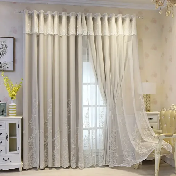 2pcs Elf Fairy Embroidered Lace Yarn Light Filtering Curtain Panels With Integrated Cloth, Privacy Sheer Window Drapes Set