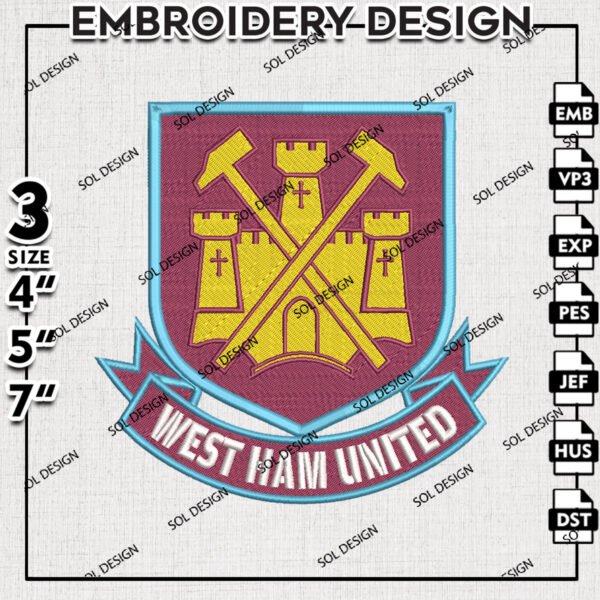 West Ham United Embroidery Design, Premier League Embroidery files, EPL West Ham United Teams, Football, Digital Download