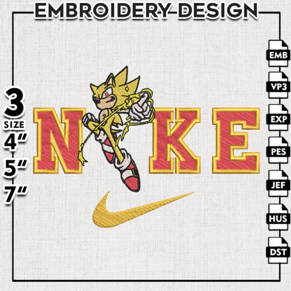 Super Sonic Nike Embroidery Files, Super Sonic Embroidery, Cartoon Machine Embroidery Pes Dst, Digital Download
