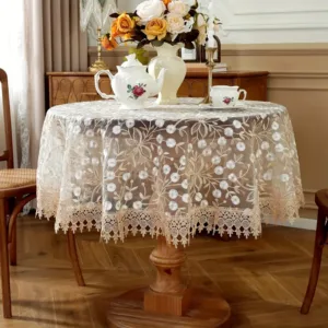 Polyester Round Tablecloth,Embroidered Dandelion with Lace Edge
