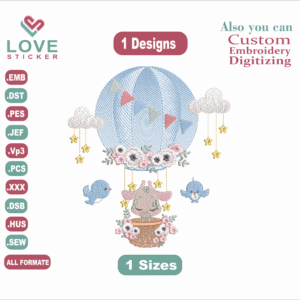 Cute Giraffe Flying with Air Balloon , Embroidery Designs, Files Instant Download