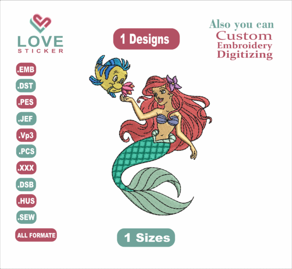 Ariel Embroidery Designs,Files Instant Download