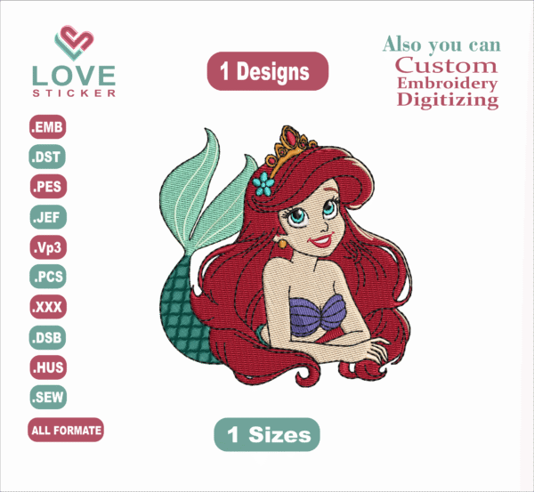 Ariel Embroidery Designs, Files Instant Download
