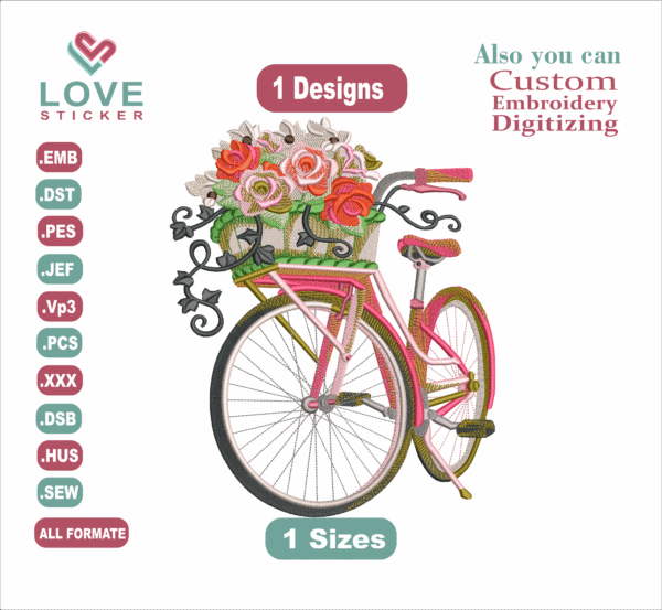 BICICLETA COM ROSAS Embroidery Designs,Embroidery Designs,Files Instant Download