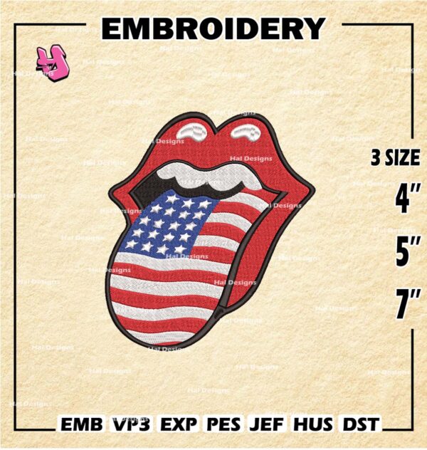 American Flag Tongue Embroidery Designs, 4th of July Machine Embroidery Patte, USA Logo Embroidery File