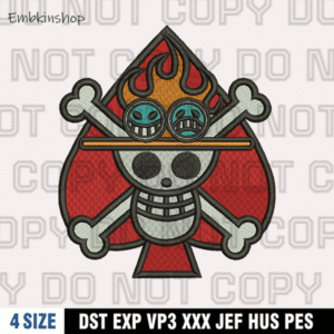 Ace Jolly Roger Embroidery Design,One Piece Embroidery Design, 4 Sizes , Digital Download