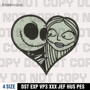Jack Loves Sally In A Heart Embroidery Design ,Halloween Embroidery Design, 4 Sizes , Digital Download