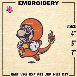 Mario add Charmander Embroidery Machine Design, Mario Bros Embroidery Design, Anime Design, Instant Download Design