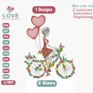 Girl on bike and heart Embroidery Designs,Embroidery Designs, Files Instant Download 2 Size